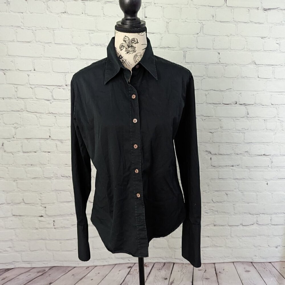 HOLT RENFREW Black Fitted Blouse French Cuffs L